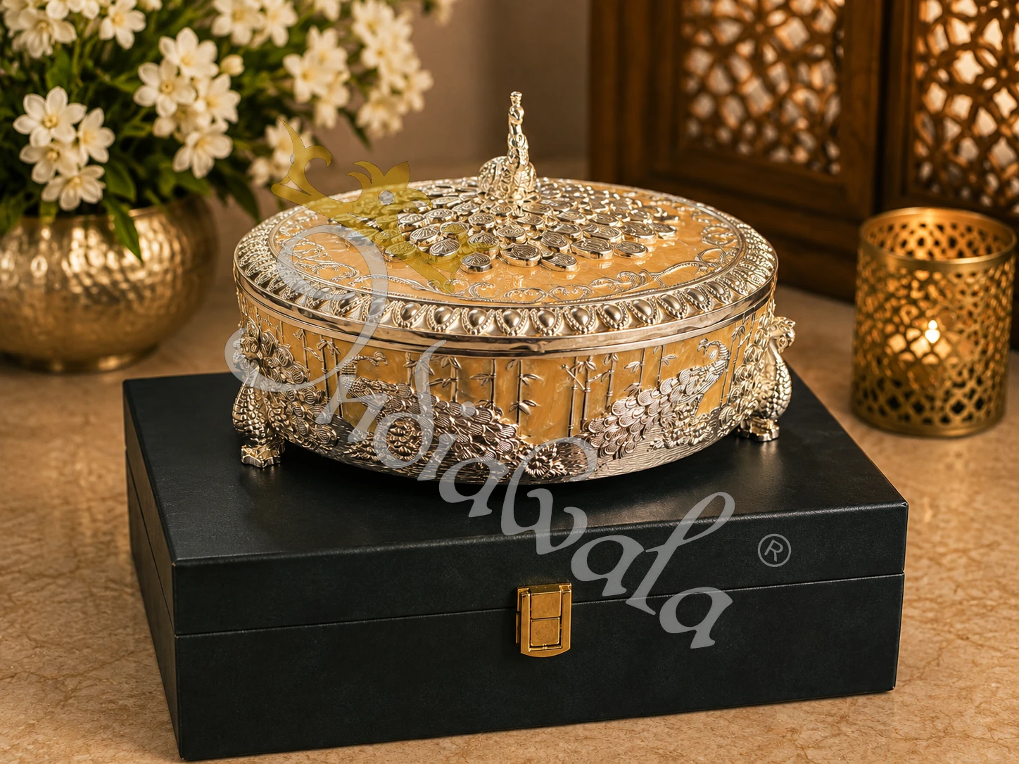 INW-9445 Elegant German Silver Dry Fruit Box 9 Inch in a premium leather box