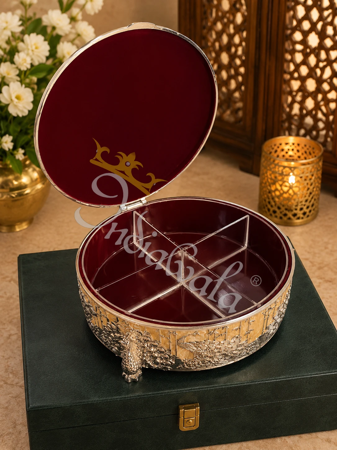 INW-9445_1 Elegant German Silver Dry Fruit Box 9 Inch in a premium leather box
