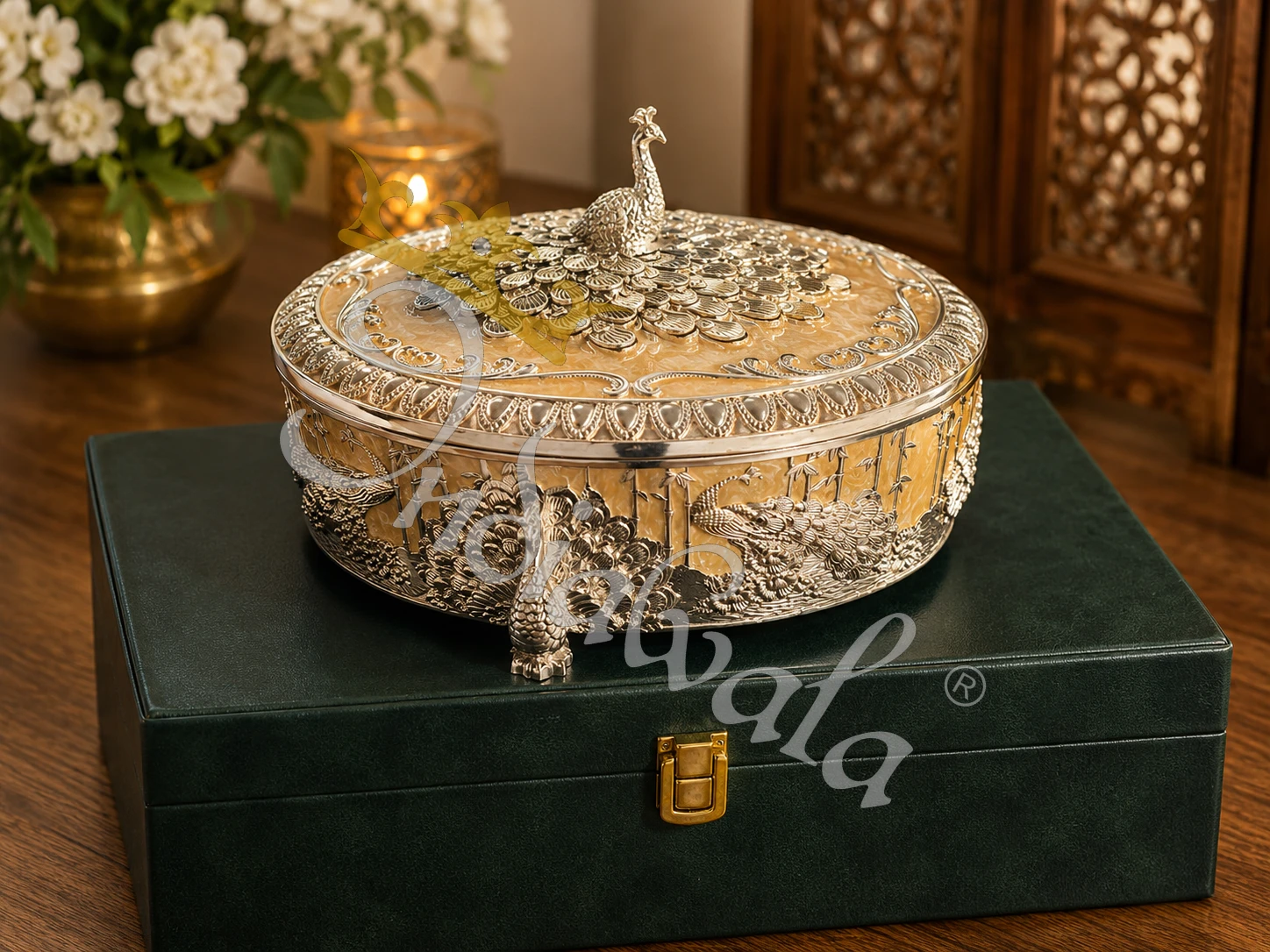INW-9445_2 Elegant German Silver Dry Fruit Box 9 Inch in a premium leather box