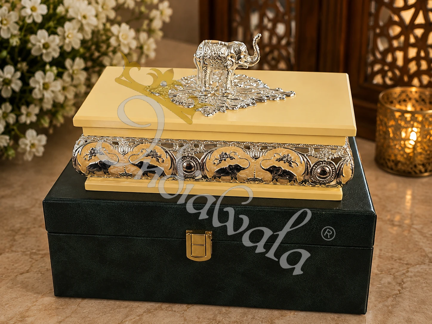 INW-9446 Elegant German Silver Gifting Dry Fruit Box with intricate engravings