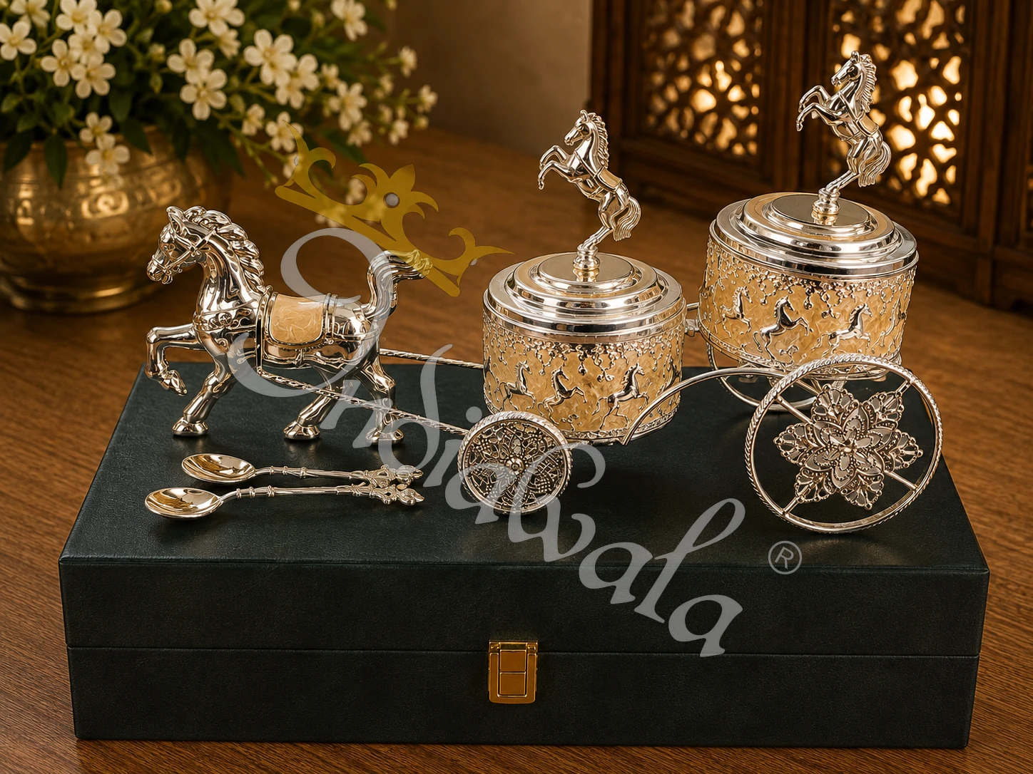 INW-9447 Exquisite 16 Inch German Silver Horse Cart Dry Fruit Bowl for premium gifting