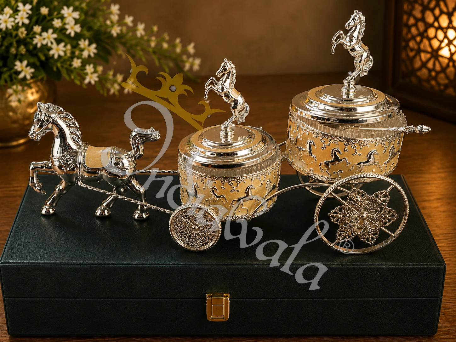 INW-9447_1 Exquisite 16 Inch German Silver Horse Cart Dry Fruit Bowl for premium gifting
