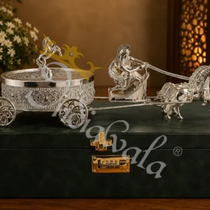 An elegant 18 Inch German Silver Horse Cart Tray filled with dry fruits, presented in a premium leather box.