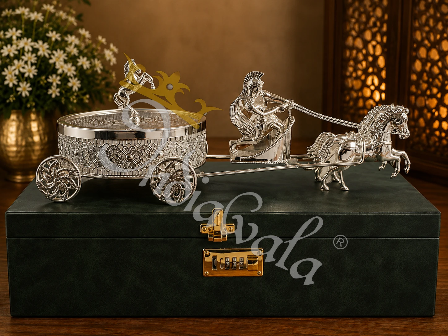 INW-9448 An elegant 18 Inch German Silver Horse Cart Tray filled with dry fruits, presented in a premium leather box.