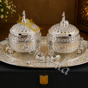 German Silver Bowl Set with 14 Inch Tray in a luxury leather box