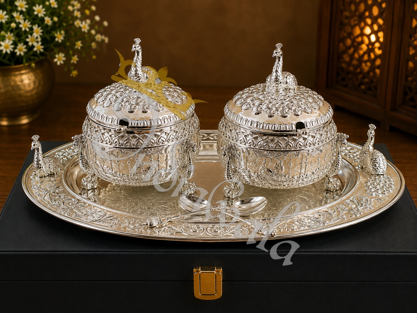 INW-9449 German Silver Bowl Set with 14 Inch Tray in a luxury leather box