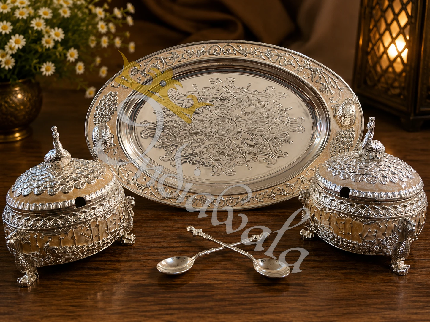 INW-9449_1 German Silver Bowl Set with 14 Inch Tray in a luxury leather box