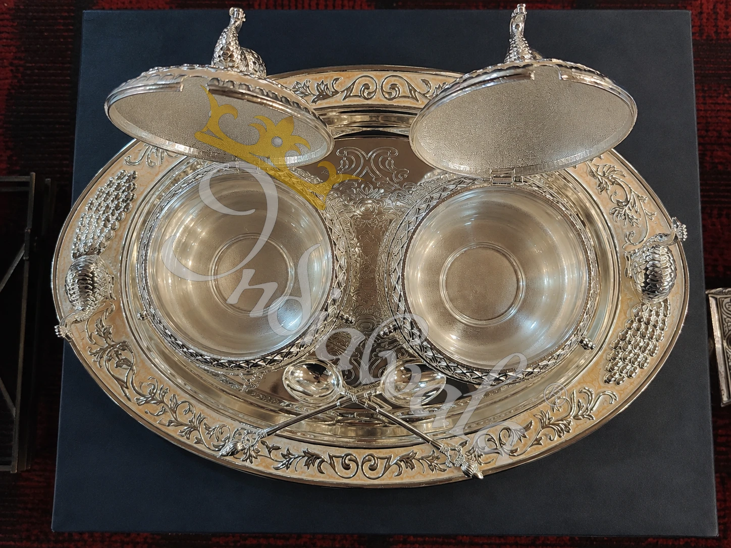 INW-9449_2 German Silver Bowl Set with 14 Inch Tray in a luxury leather box