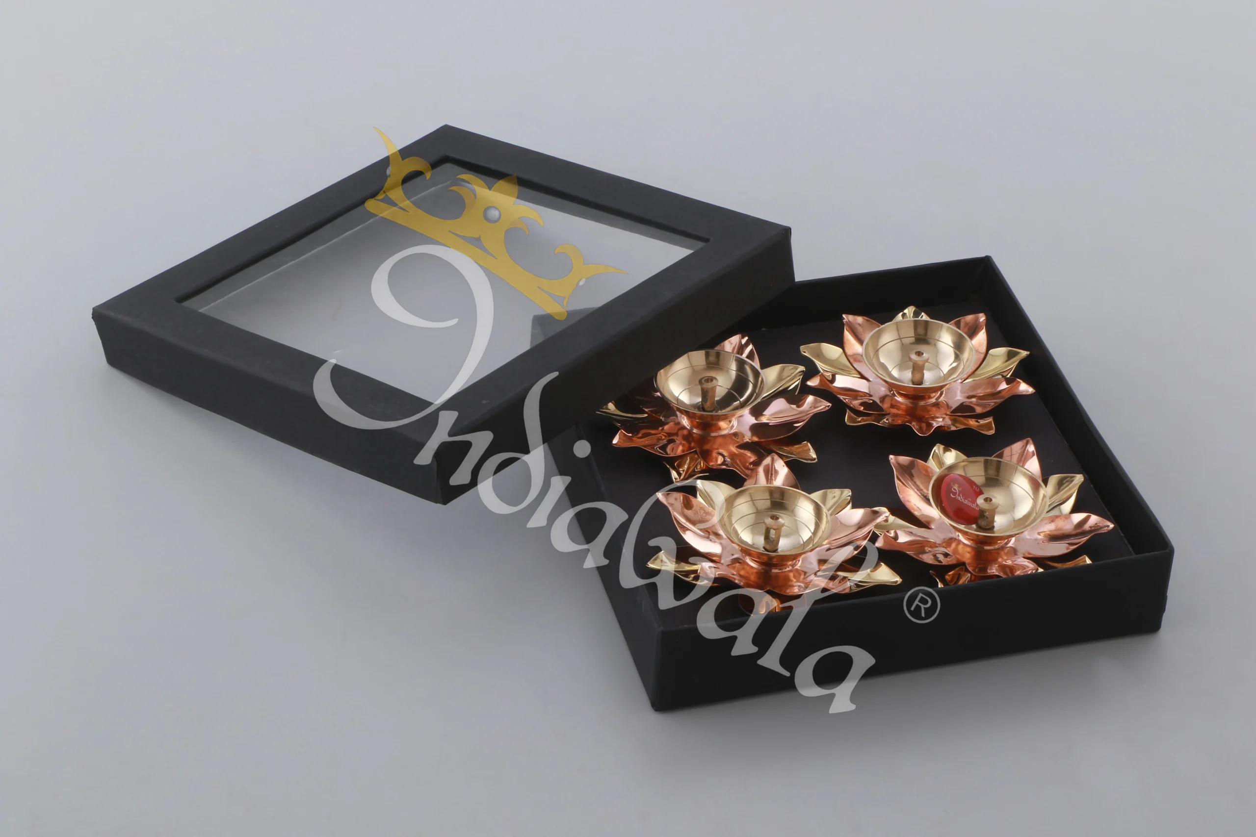 INW-243 Handcrafted 4 Inch Brass Copper Lotus Diya Set for festive pooja decor