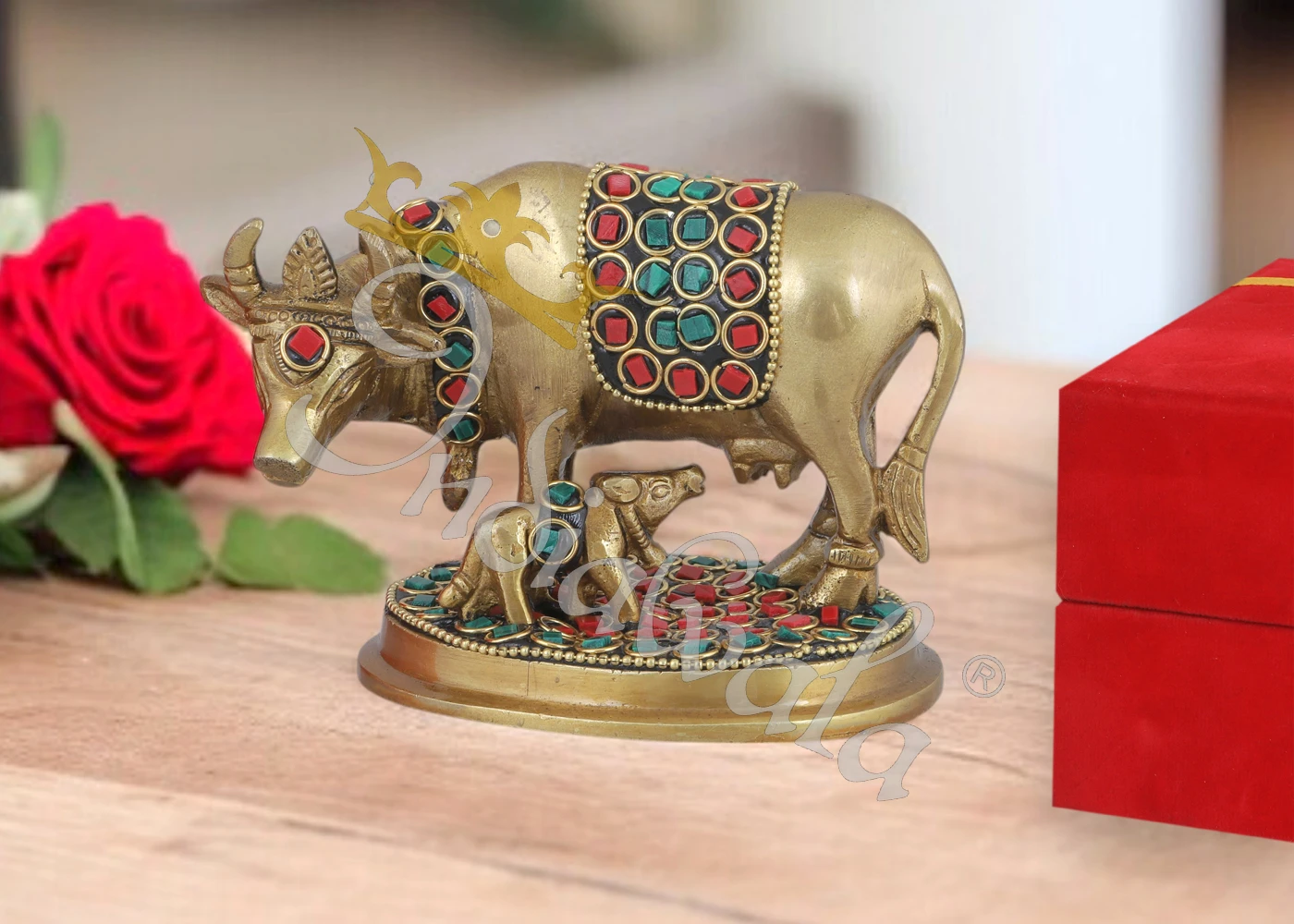 INW-6048 Antique Stone Finish Brass Kamdhenu cow statue with intricate detailing
