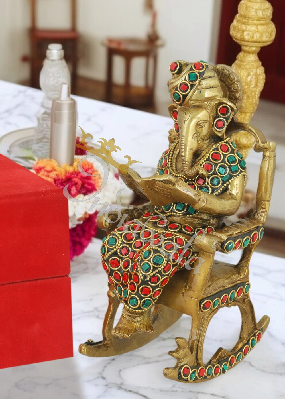 INW-6049 Antique Stone Brass Chair Ganesh idol on a decorative surface