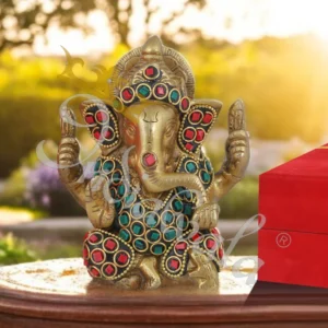Antique Stone Work Brass Ganesh Idol in a premium velvet box