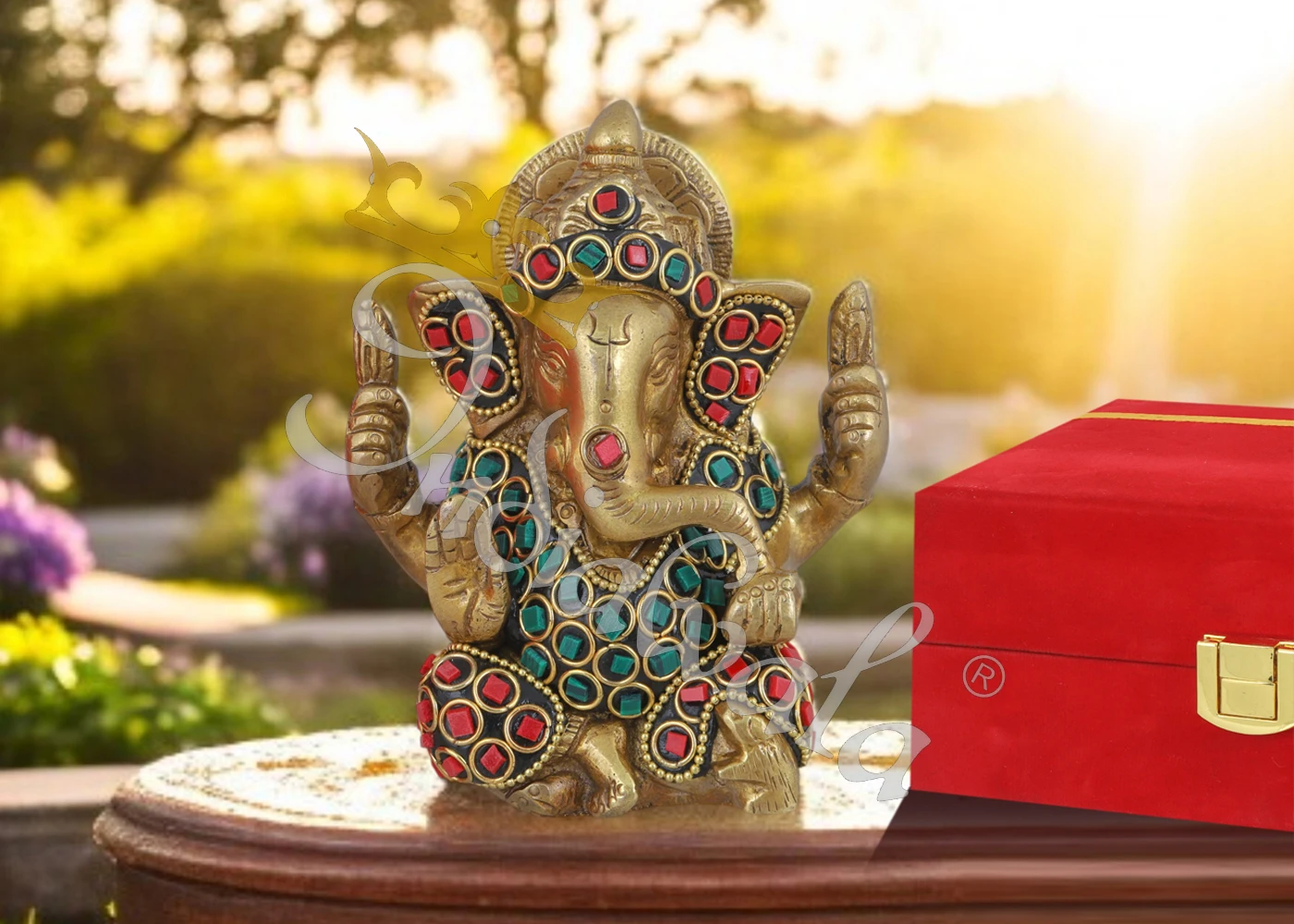 Antique Stone Work Brass Ganesh Idol in a premium velvet box