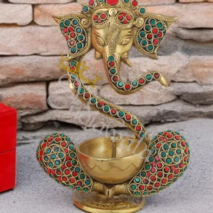 A beautifully handcrafted 6.5 Inch Antique Stone Brass Ganesh Diya with intricate stone work.