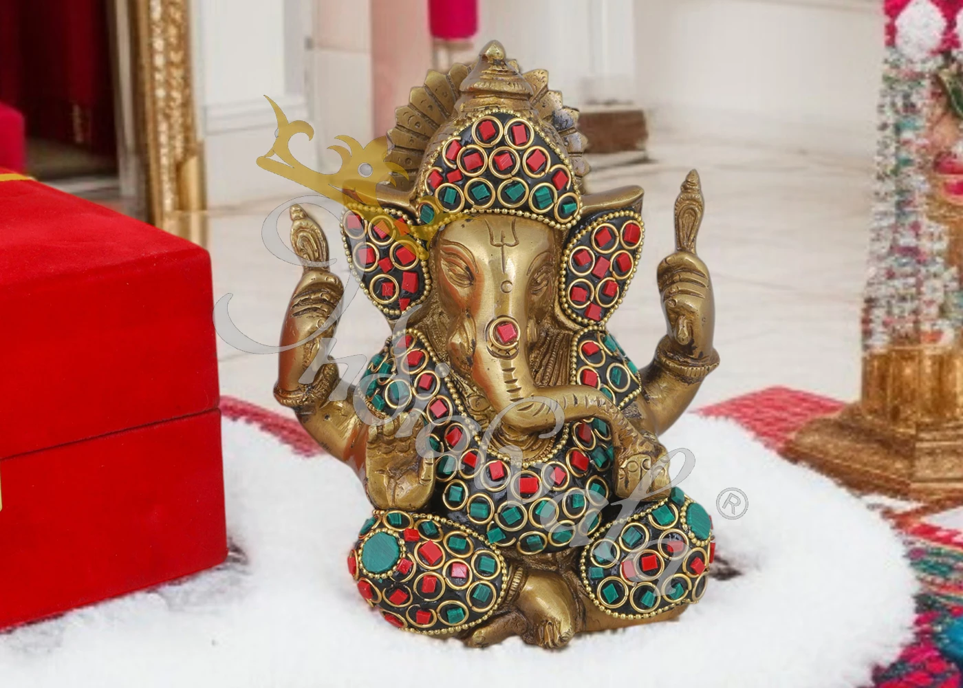 INW-6056 A beautifully crafted 4 inch Antique Stone Brass Ganesh Gifting Statue with intricate details.