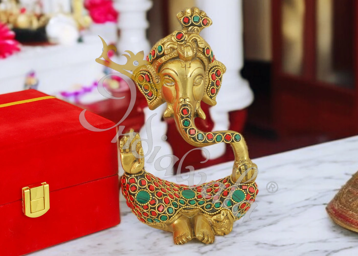 INW-6057 A beautifully crafted 7 Inch Antique Stone Brass Pagdi Ganesh Idol with intricate stone work, perfect for spiritual decor.
