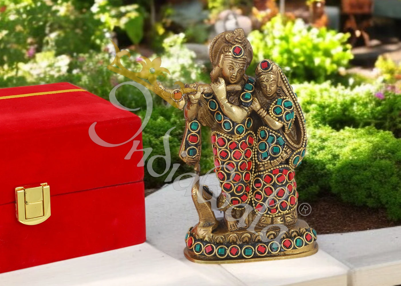 A beautifully handcrafted Brass Radha Krishna Idol with intricate detailing and antique stone finish.