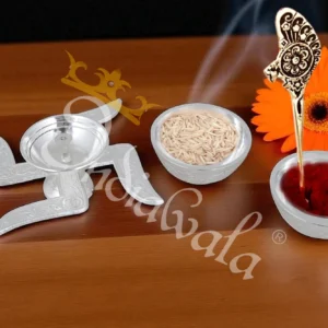 Elegant silver plated aluminium diya set in a premium velvet box