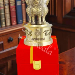 3 Inch Brass Ashoka Pillar Gifting Statue in a premium velvet box