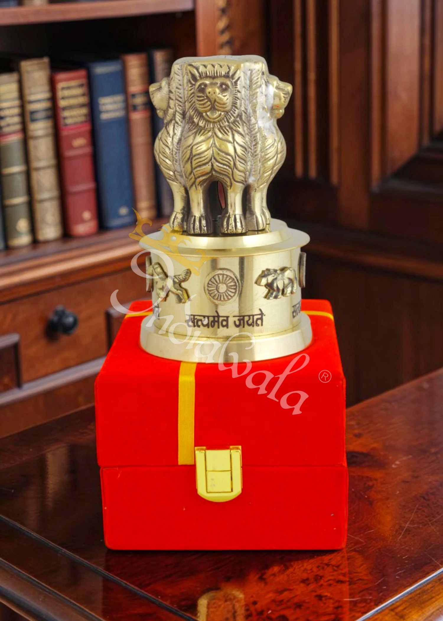 INW-9386 3 Inch Brass Ashoka Pillar Gifting Statue in a premium velvet box