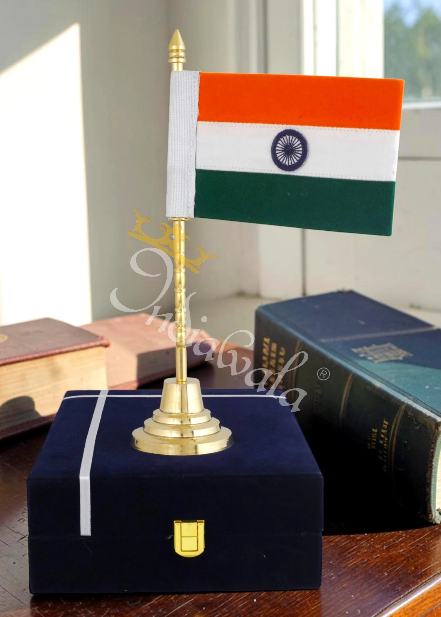 A beautifully crafted 11.75 inch Brass Finish Indian Flag Gift, showcasing intricate details.