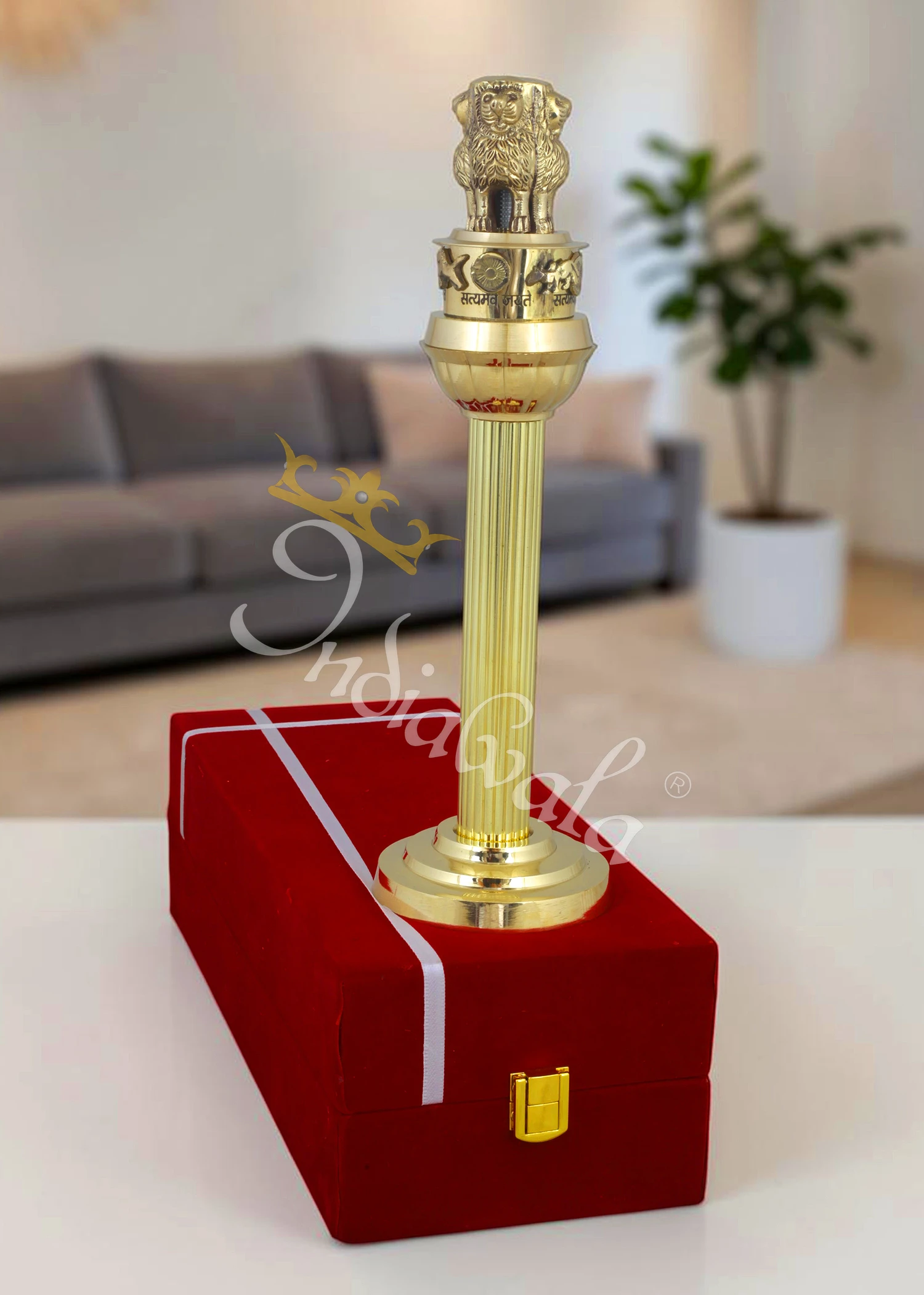 INW-9404 11 Inch Brass Ashoka Pillar Emblem in a premium velvet box