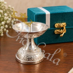 German Silver Aluminium Diya Set in a premium velvet box