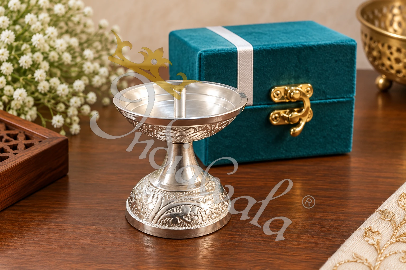 INW-9451 German Silver Aluminium Diya Set in a premium velvet box
