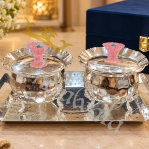 Elegant German Silver Steel Bowl Set with two bowls and a tray in a velvet box