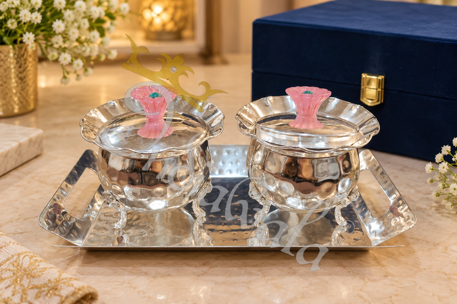 INW-9452 Elegant German Silver Steel Bowl Set with two bowls and a tray in a velvet box