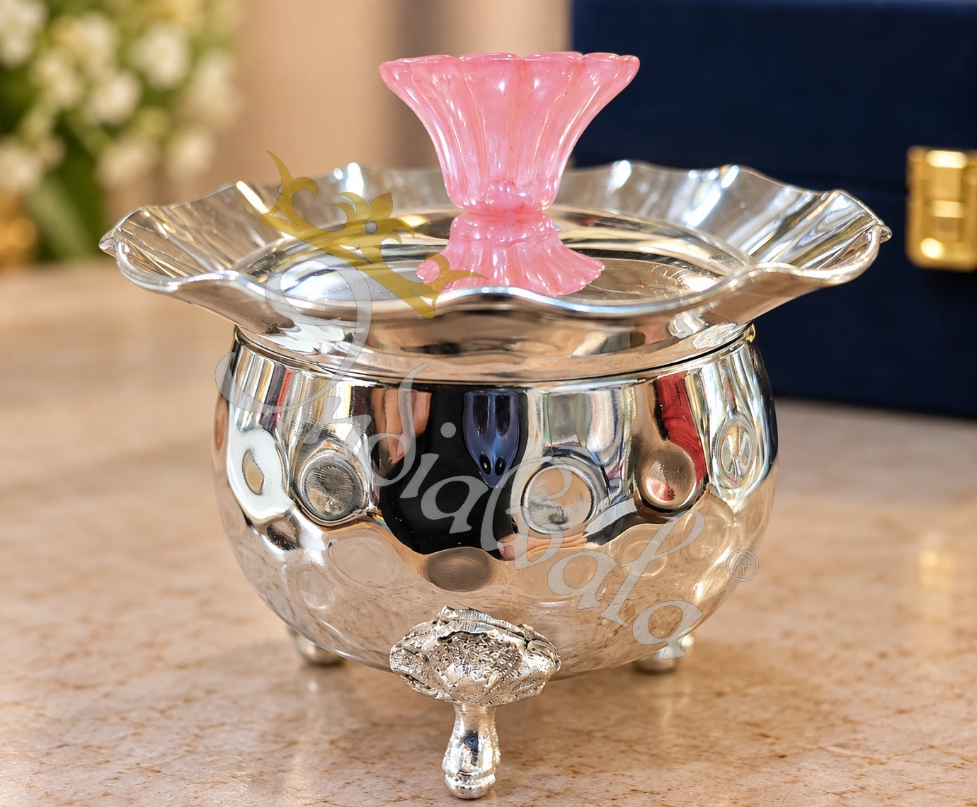 INW-9452_1 Elegant German Silver Steel Bowl Set with two bowls and a tray in a velvet box