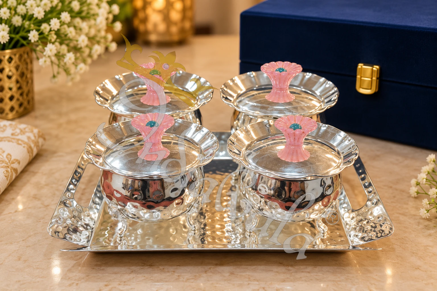 INW-9453 German Silver Steel Bowl Set with Velvet Box for premium gifting