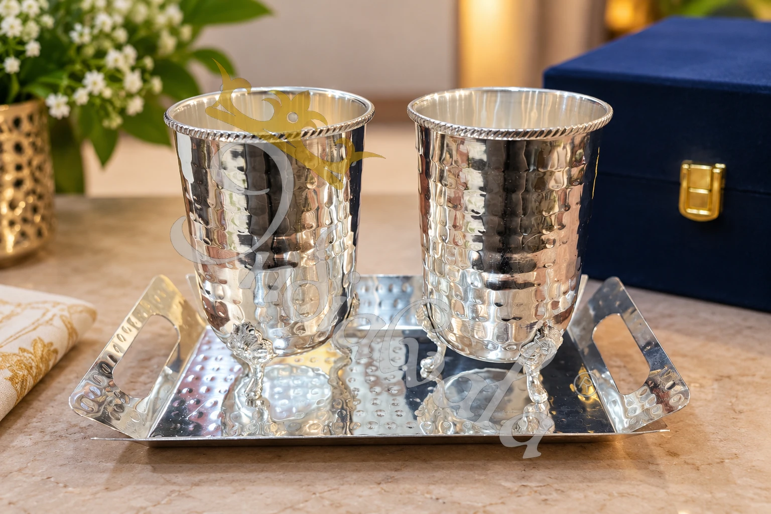 INW-9454 Steel German Silver Glass Set with Tray on a velvet box