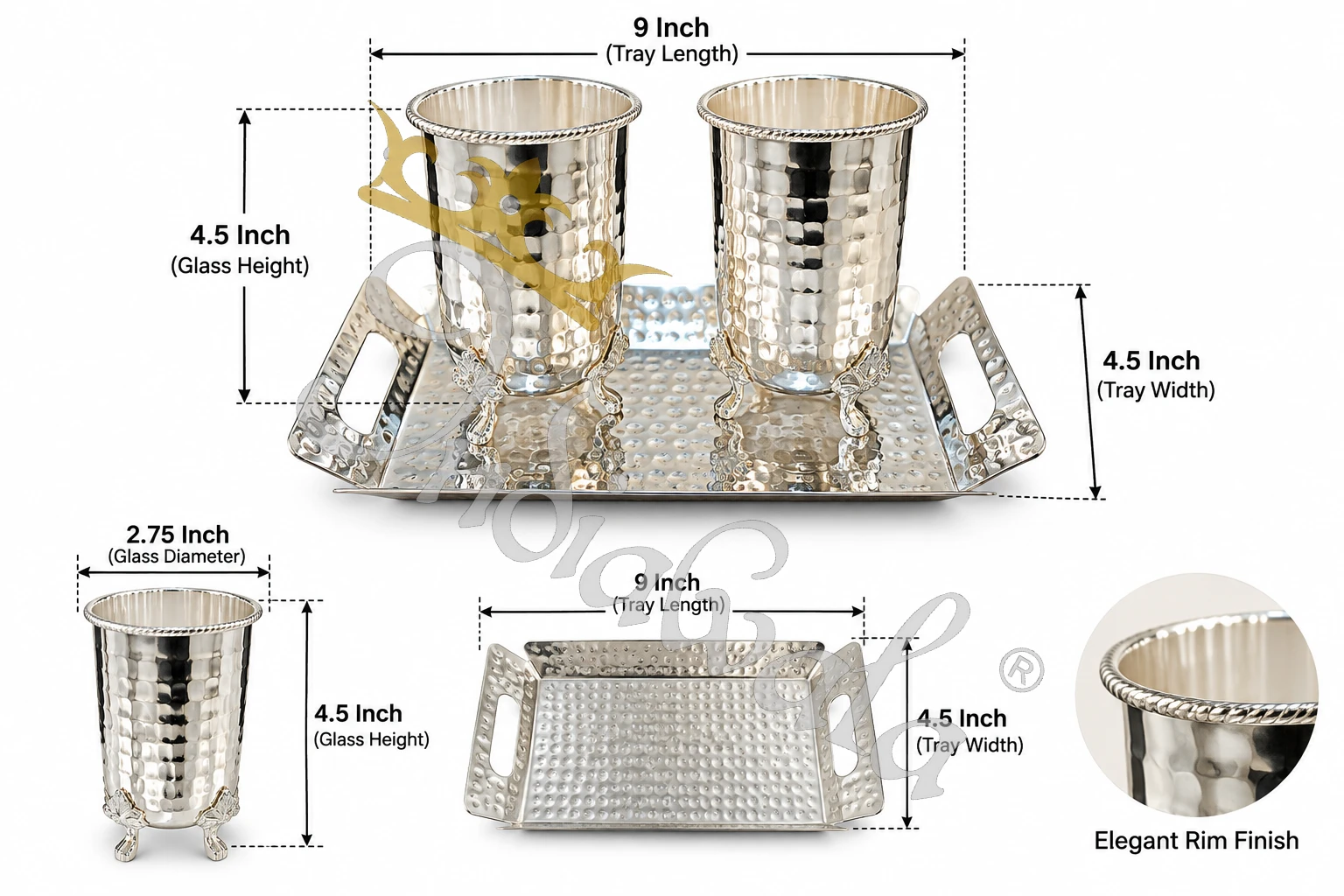 INW-9454_2 Steel German Silver Glass Set with Tray on a velvet box