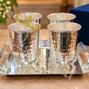 German Silver Steel Glass Set with Velvet Box on a matching tray