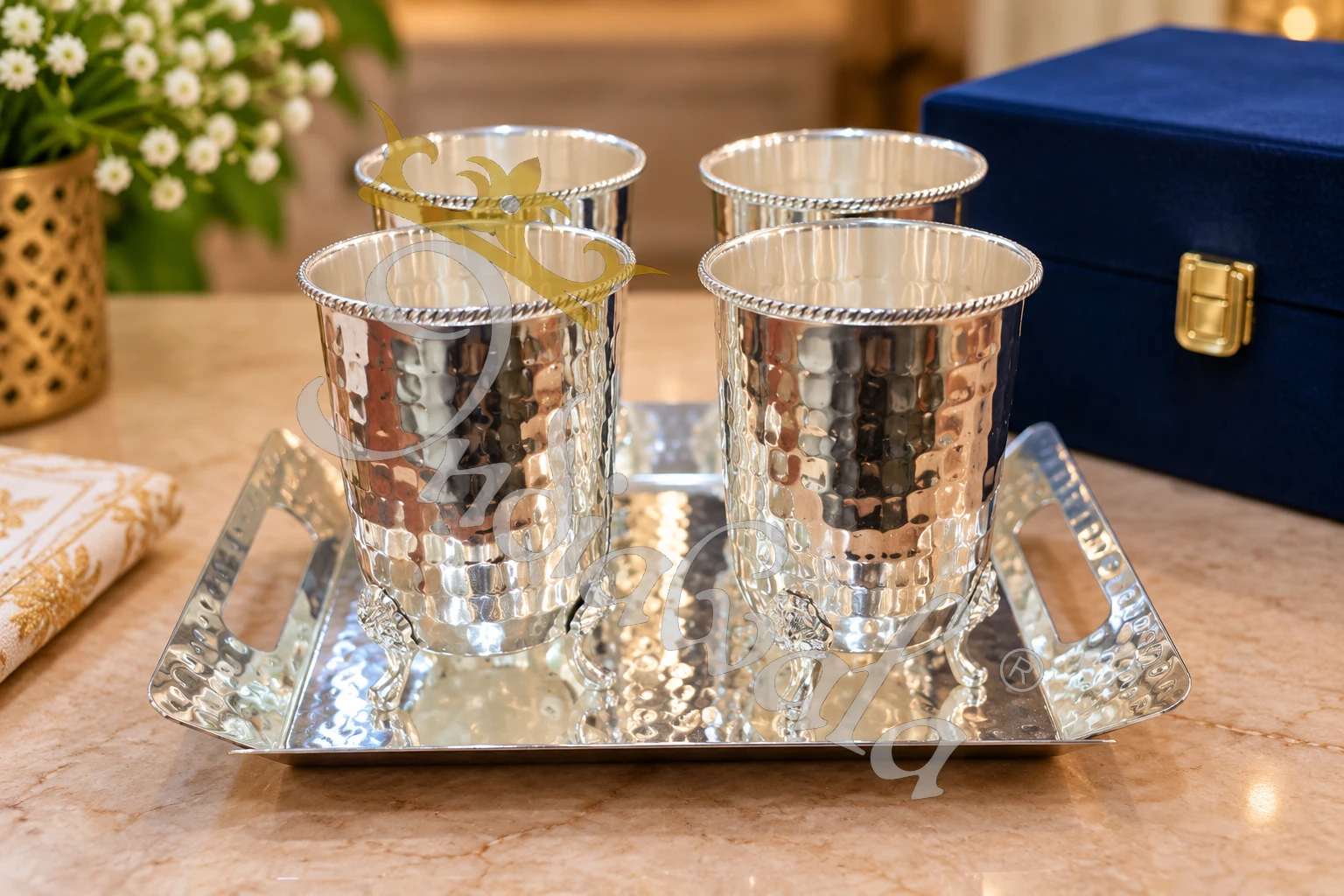 INW-9455 German Silver Steel Glass Set with Velvet Box on a matching tray