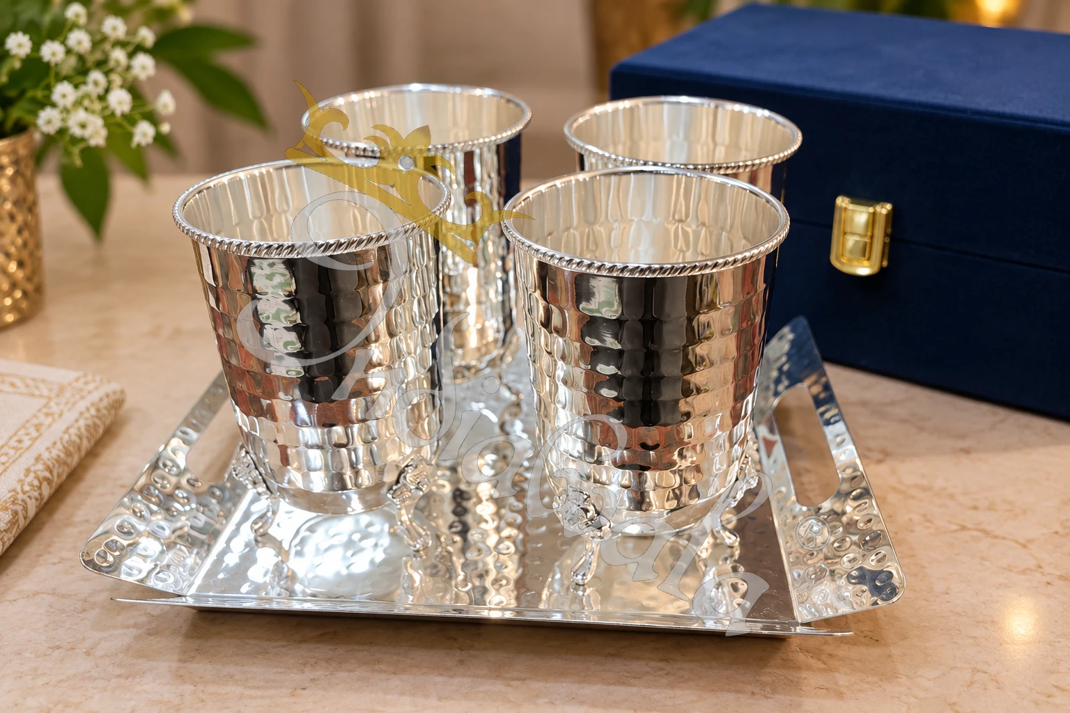 INW-9455_1 German Silver Steel Glass Set with Velvet Box on a matching tray