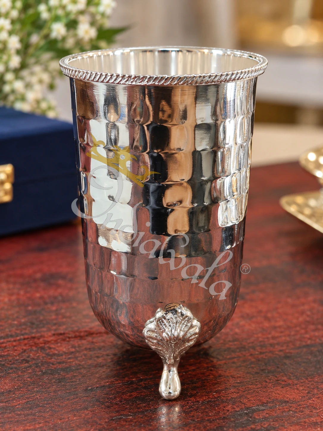 INW-9455_2 German Silver Steel Glass Set with Velvet Box on a matching tray