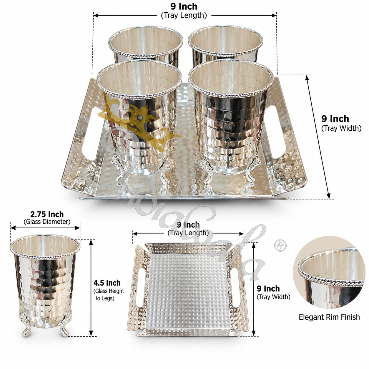 INW-9455_3 German Silver Steel Glass Set with Velvet Box on a matching tray