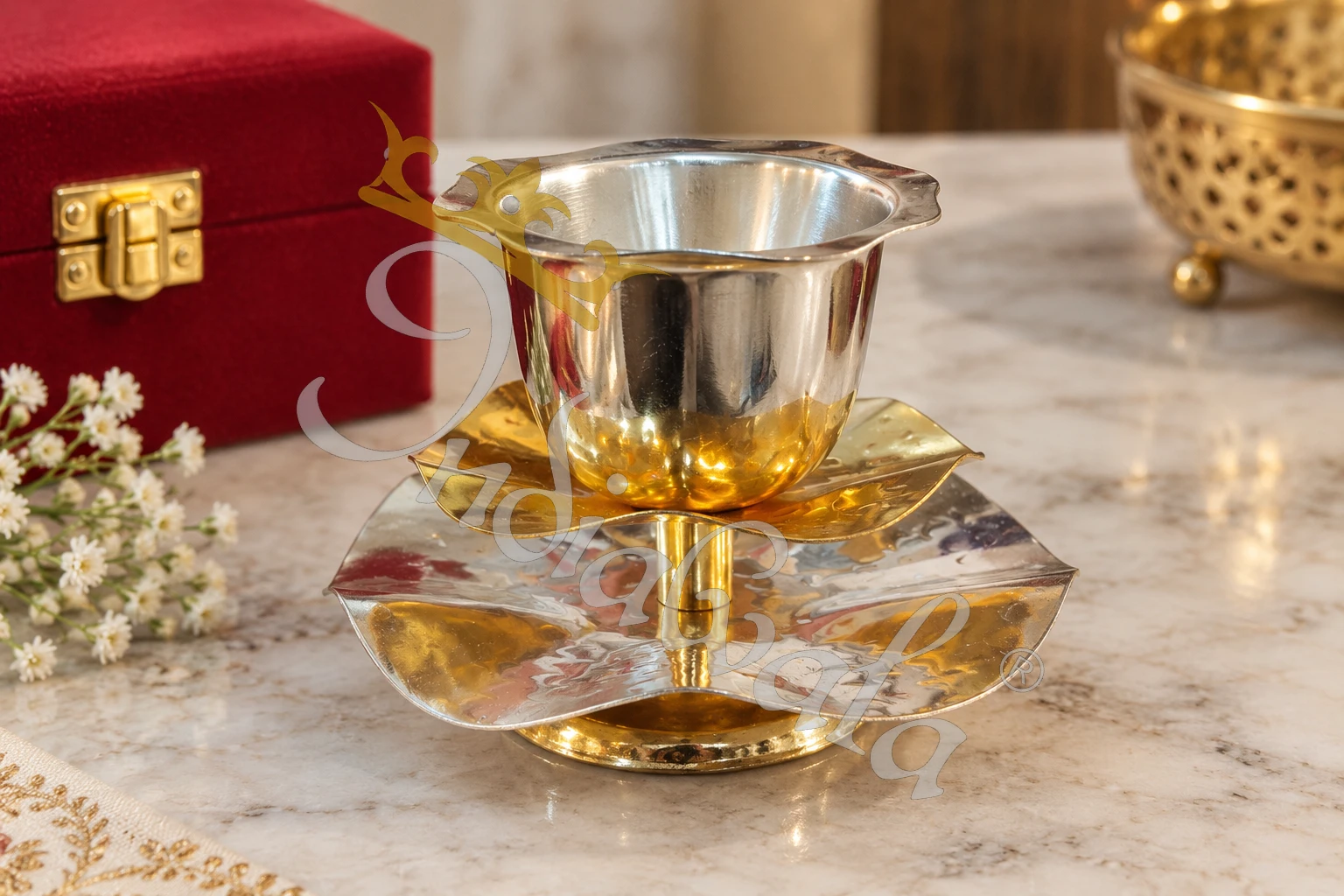 INW-9456 German Silver Flower Diya Set in a premium velvet box