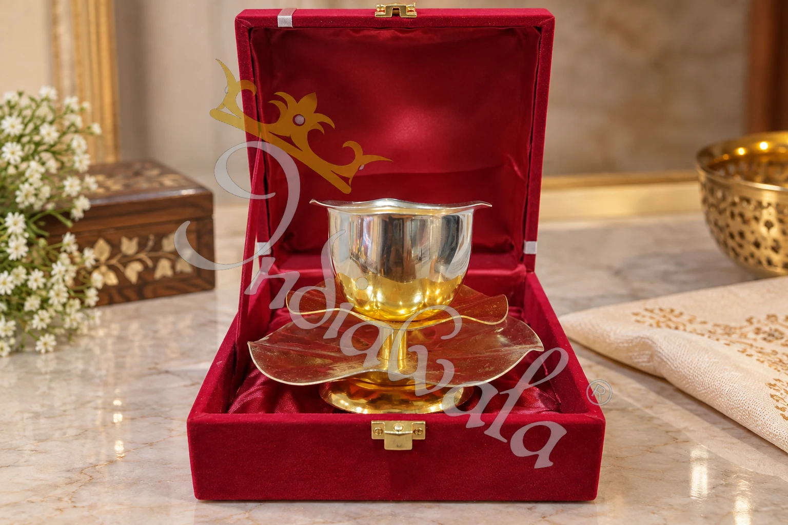 INW-9456_1 German Silver Flower Diya Set in a premium velvet box