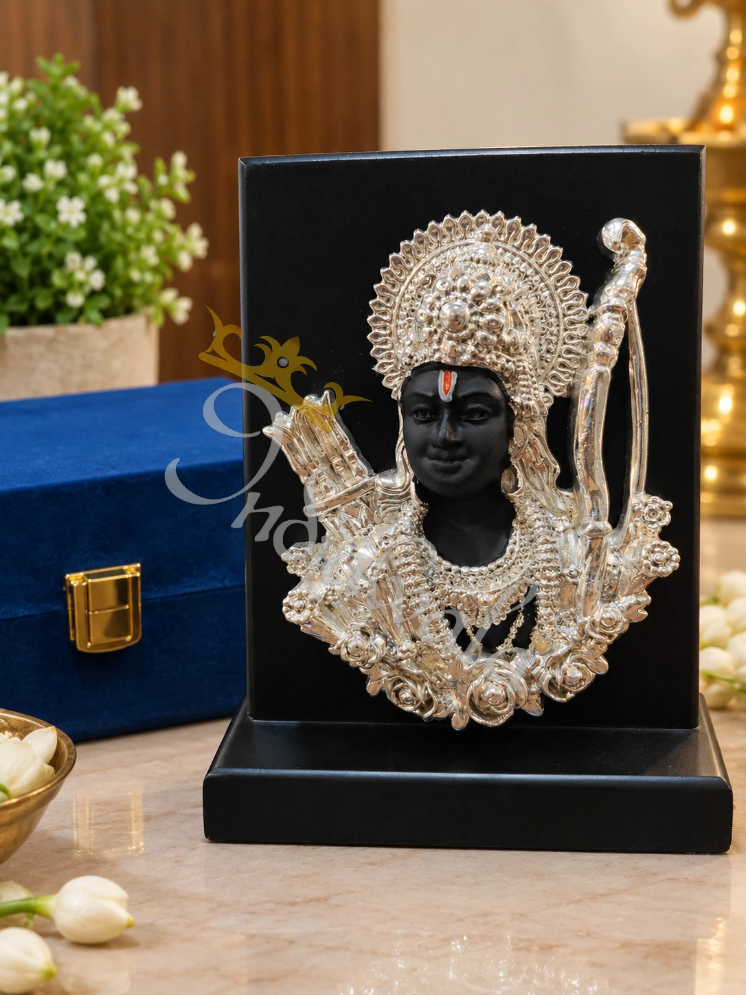 INW-9457 6 Inch German Silver Ram Ji Face Idol in a premium velvet box