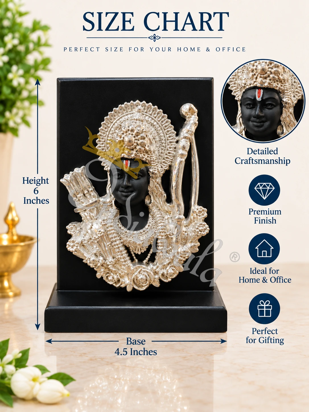 INW-9457_1 6 Inch German Silver Ram Ji Face Idol in a premium velvet box