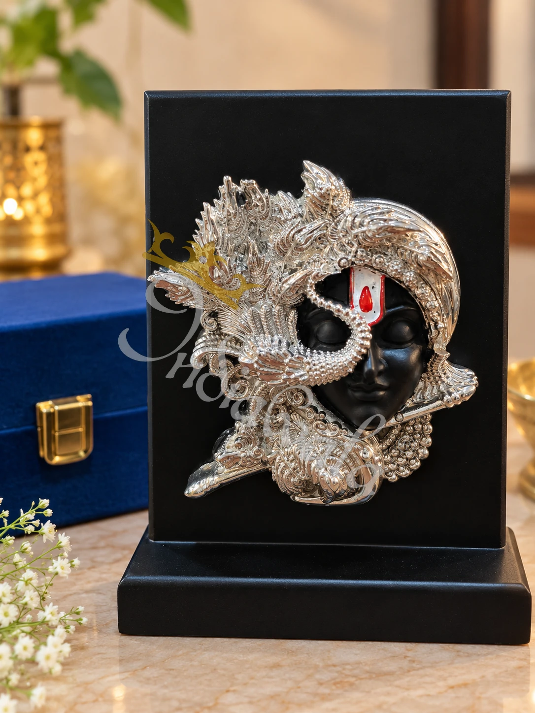 INW-9458 German Silver Lord Krishna Face Statue in a premium velvet box