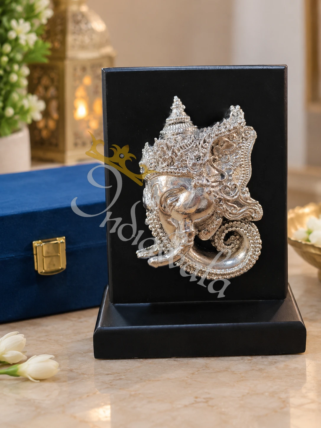 INW-9459 6 Inch German Silver Ganesh Face Idol in a premium velvet box
