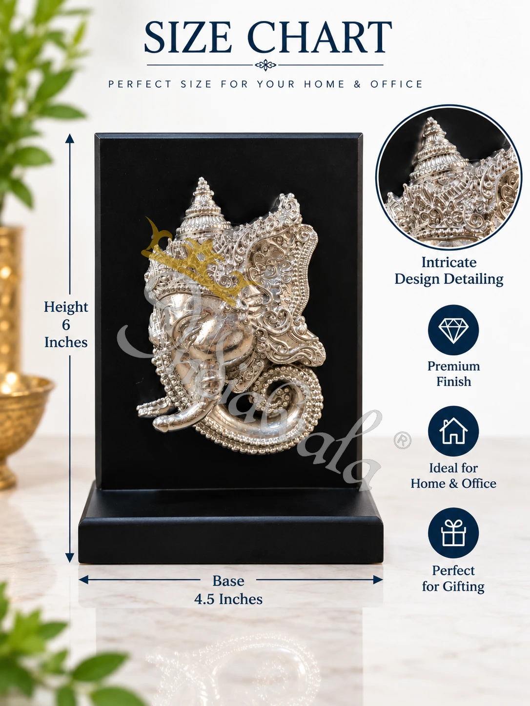 INW-9459_1 6 Inch German Silver Ganesh Face Idol in a premium velvet box