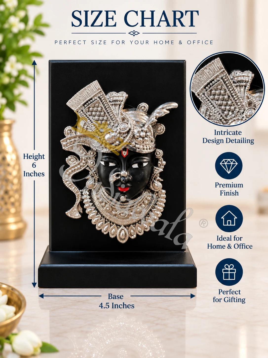 INW-9460_1 6 Inch German Silver Shrinathji Face Idol
