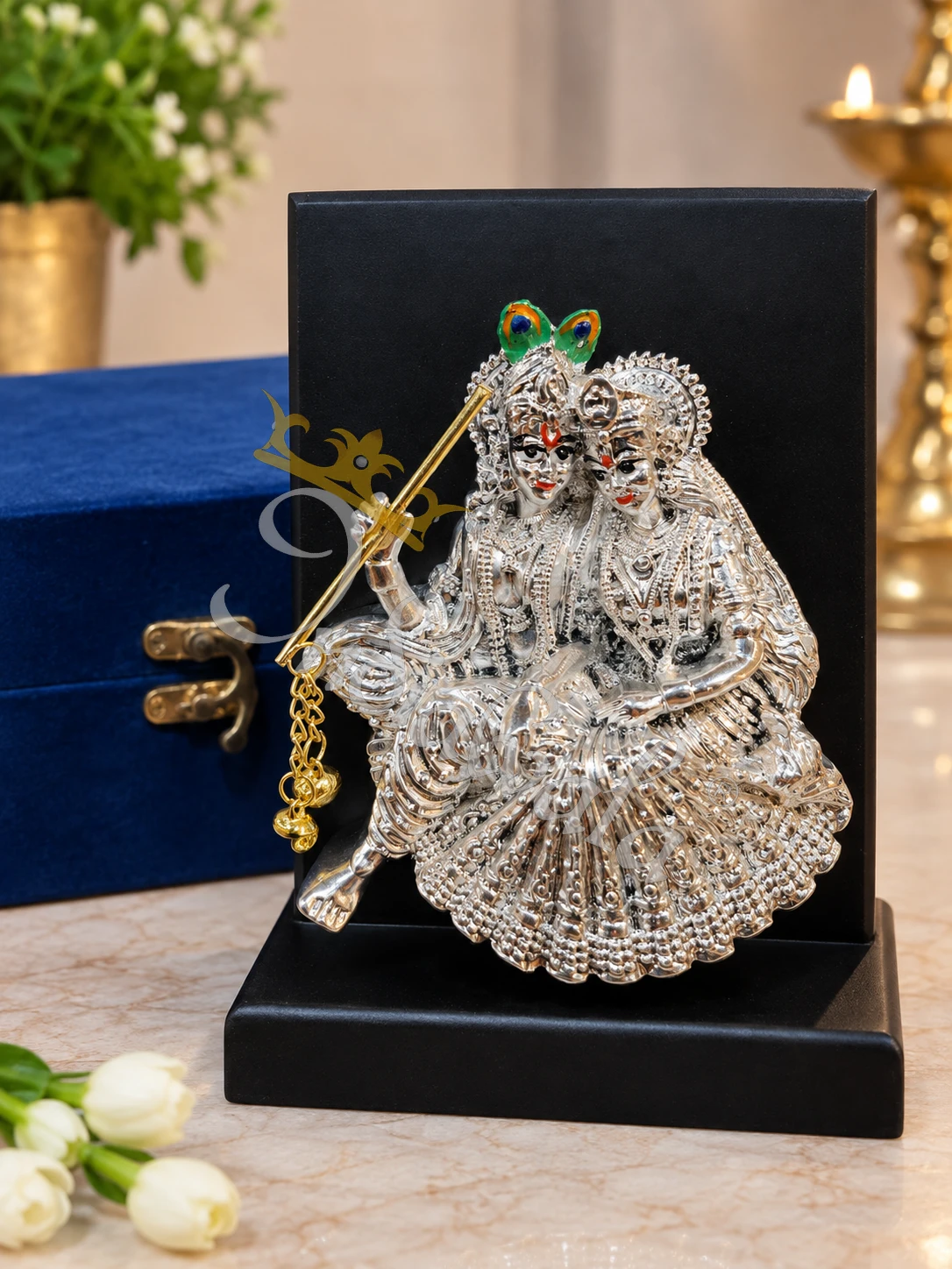 INW-9461 6 Inch German Silver Radha Krishna Idol in a premium velvet box