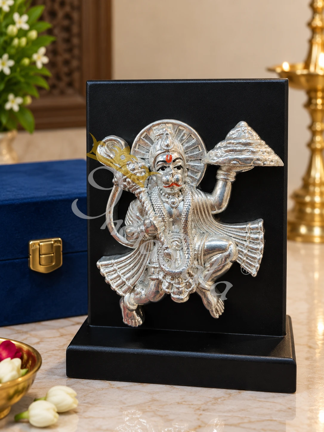 INW-9462 6 Inch German Silver Hanuman Statue in an elegant velvet box packaging