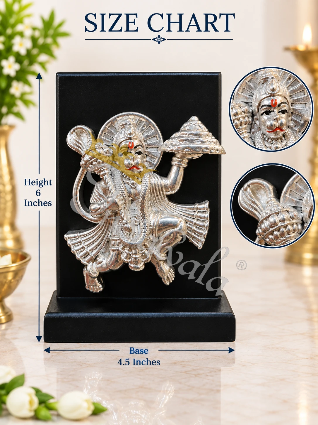 INW-9462_1 6 Inch German Silver Hanuman Statue in an elegant velvet box packaging